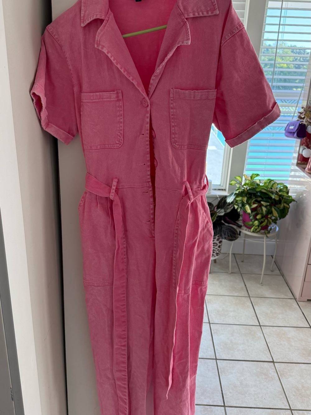 Skies Are Blue Hot Pink Utility Midi Dress with Tie Waist